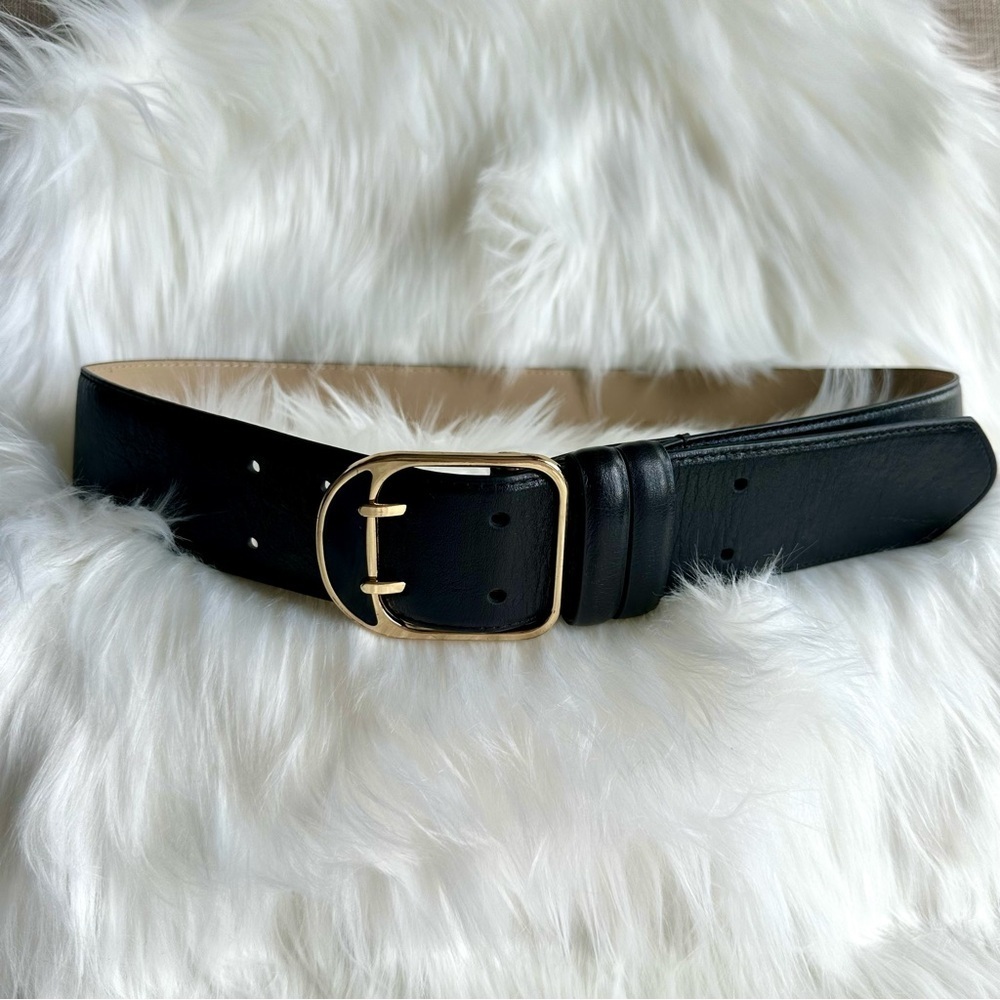 Ann Taylor Classic Black Leather Belt with Gold Buckle - Size M - Picture 2 of 10